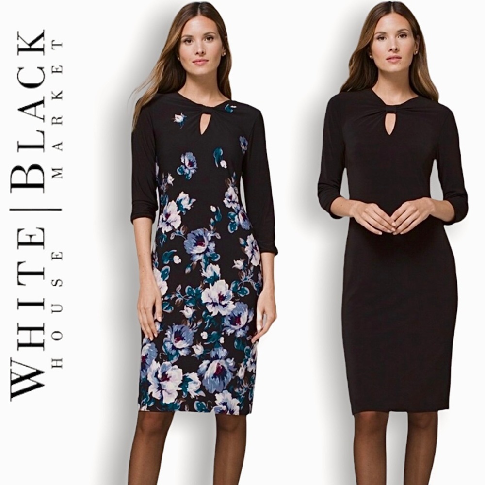 WHBM Reversible Black & Blue Floral Midi Shift Dress Size 8P